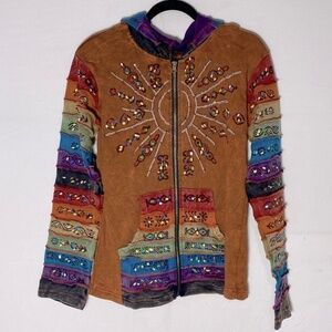 Rising International Orange Sun Rainbow Patchwork Stone Wash Full Zip Hoodie M